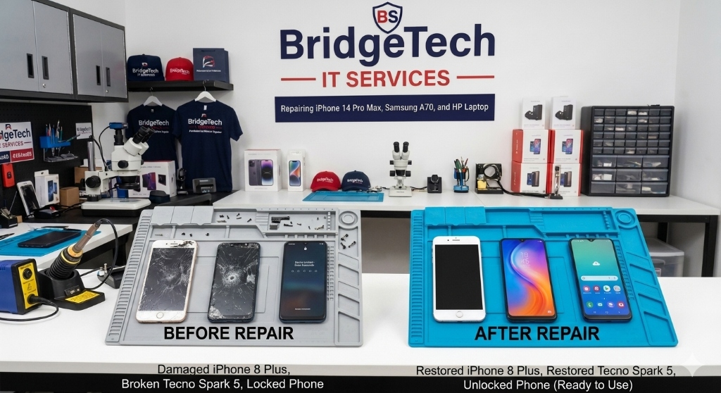 Professional Before and After phone repair display at BridgeTech IT Services workshop